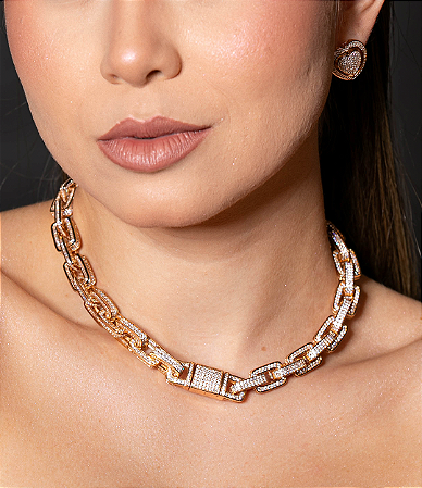 Colar luxo de corrente cravejado de zirconia cristal banho em ouro 18k