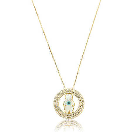 Colar madreperola com pingente cravejado de zirconia cristal banho em ouro 18k