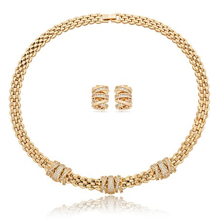 Conjunto de brinco e colar cravejado de zirconia cristal banho em ouro 18k