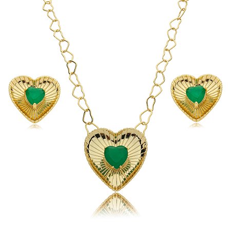 Conjunto de brinco e colar cravejado pedra fusion esmeralda banho em ouro 18k