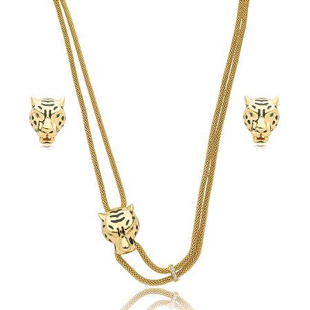 Conjunto de brinco e colar esmaltado banho em ouro 18k