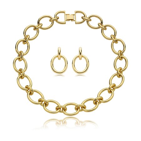 Conjunto de brinco e colar liso banho em ouro 18k