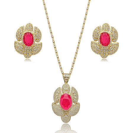 Conjunto de brinco e colar cravejado de zirconia e pedra fusion banho em ouro 18k