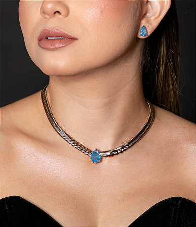 Conjunto de brinco e colar com pedra fusion azul banho em ouro 18k