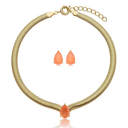 Conjunto de brinco e colar com pedra fusion coral banho em ouro 18k
