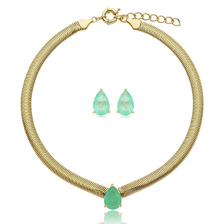 Conjunto de brinco e colar com pedra fusion turmalina banho em ouro 18k