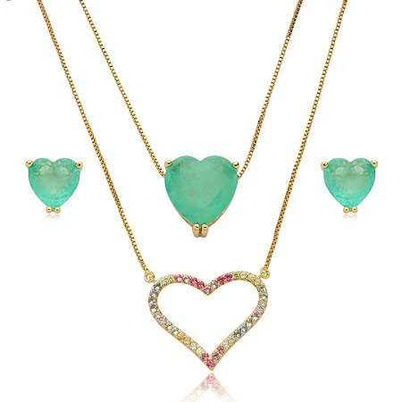 Conjunto de brinco e colar cravejado de zirconia e pedra fusion banho em ouro 18k