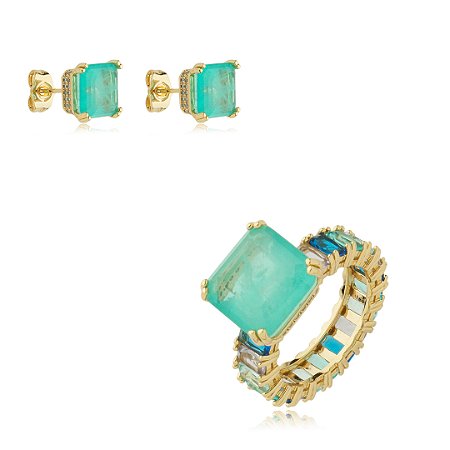 Conjunto de brinco e anel cravejado de zirconia e pedra fusion banho em ouro 18k