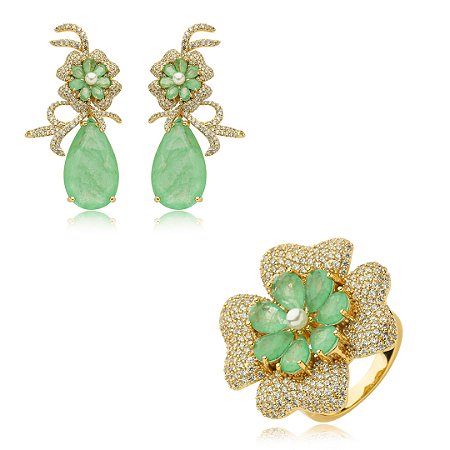 Conjunto de brinco e anel cravejado de zirconia e pedra fusion banho em ouro 18k