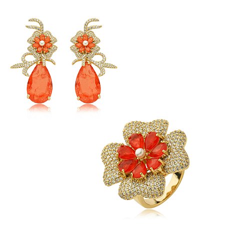 Conjunto de brinco e anel cravejado de zirconia e pedra fusion banho em ouro 18k