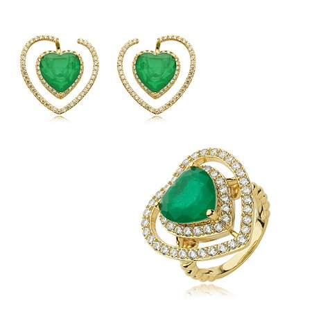 Conjunto de brinco e anel cravejado de zirconia e pedra fusion banho em ouro 18k