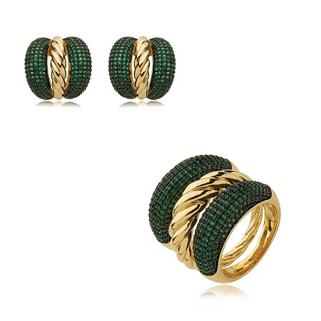 Conjunto de brinco e anel cravejado de zirconia esmeralda banho em ouro 18k