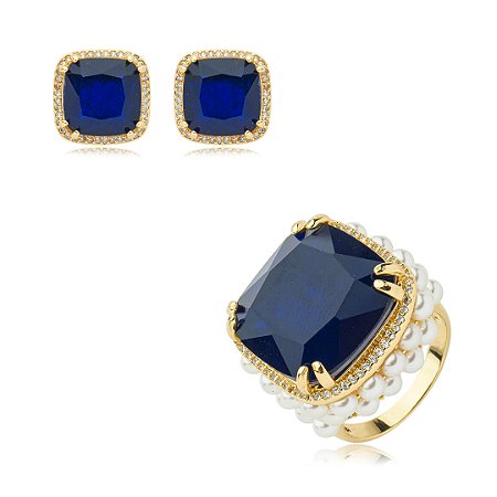 Conjunto de brinco e anel cravejado de zirconia e pedra fusion banho em ouro 18k