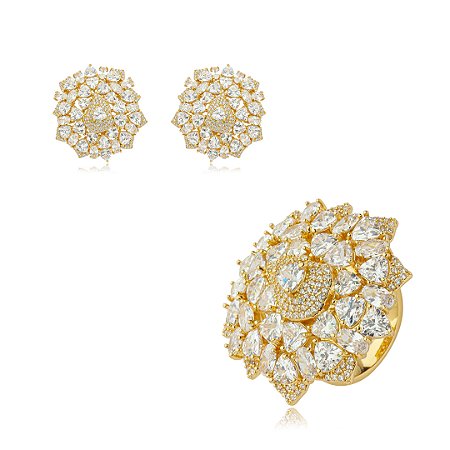 Conjunto de brinco e anel cravejado de zirconia cristal banho em ouro 18k