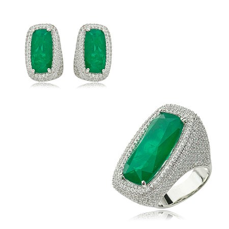 Conjunto de brinco e anel cravejado de zirconia e pedra fusion banho em rodio branco