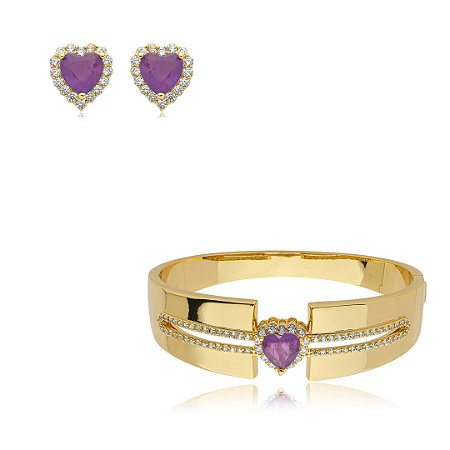 Conjunto de brinco e bracelete cravejado de zirconia e pedra fusion banho em ouro 18k