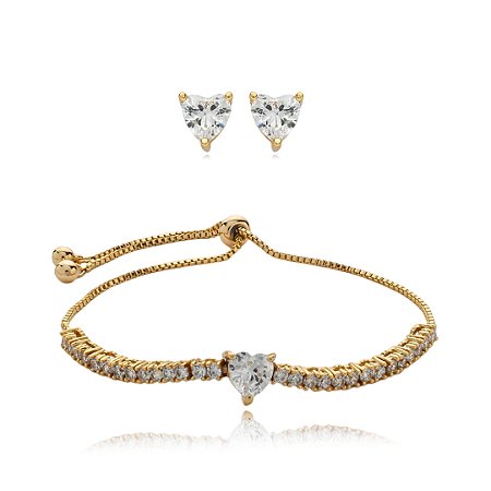 Conjunto de brinco e pulseira cravejado de zirconia cristal banho em ouro 18k