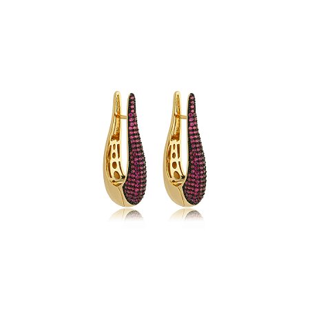 Brinco de argola cravejado de zirconia pink banho em ouro 18k