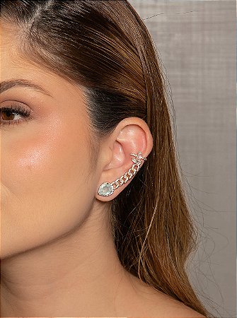 Brinco ear cuff cravejado de zircônia cristal com pedra fusion acqua banho em ouro 18k