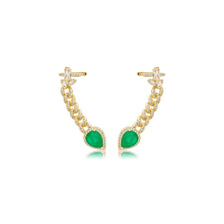 Brinco ear cuff cravejado de zirconia pedra fusion esmeralda banho em ouro 18k