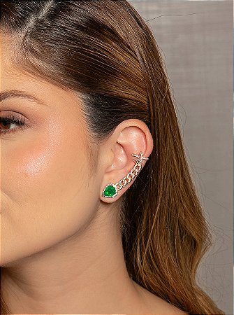 Brinco ear cuff cravejado de zircônia cristal com pedra fusion esmeralda banho em ouro 18k