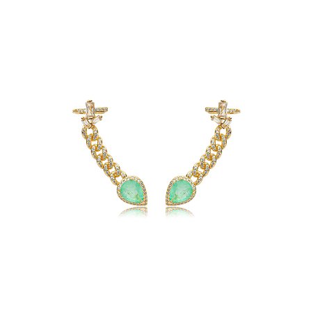Brinco ear cuff cravejado de zirconia pedra fusion turmalina banho em ouro 18k