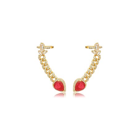 Brinco ear cuff cravejado de zirconia pedra fusion rubi banho em ouro 18k