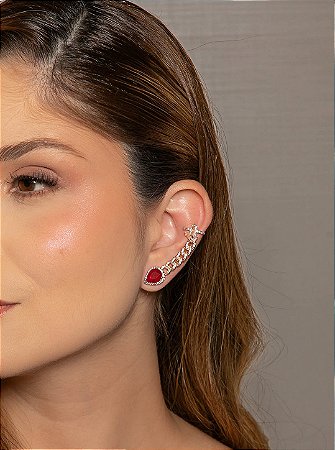 Brinco ear cuff cravejado de zircônia cristal com pedra fusion rubi banho em ouro 18k