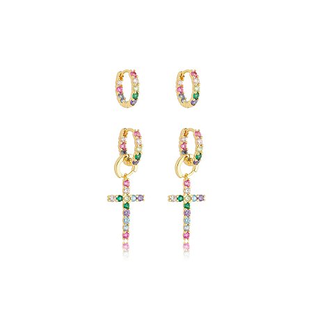 Brinco de argola duplo cravejado de zirconia rainbow banho em ouro 18k