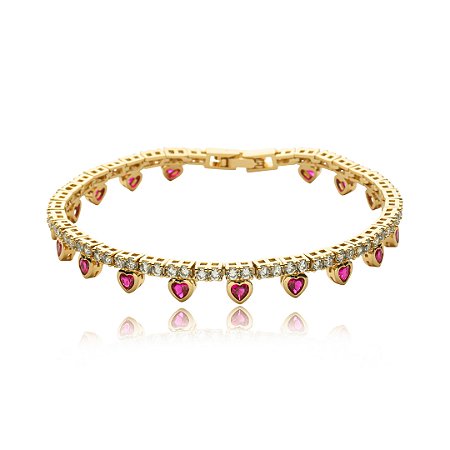 Pulseira cravejada de zirconia cristal e pink banho em ouro 18k