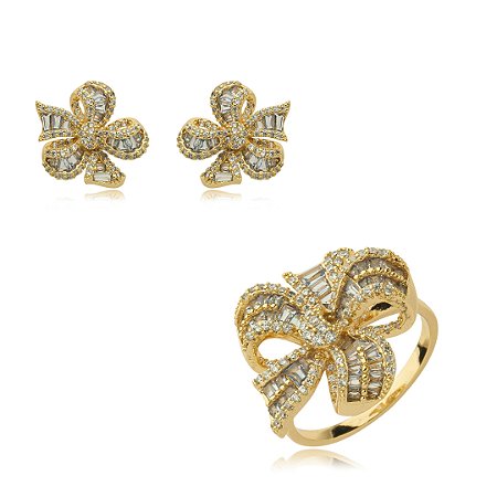 Conjunto de brinco e anel cravejado de zirconia topazio banho em ouro 18k