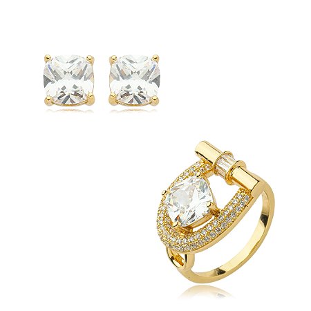 Conjunto de brinco e anel cravejado de zirconia cristal banho em ouro 18k