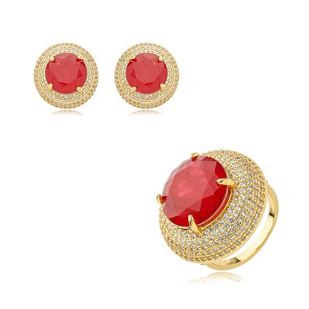 Conjunto de brinco e anel cravejado de zirconia e pedra fusion banho em ouro 18k