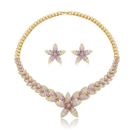 Conjunto de brinco e colar cravejado de zirconia ametista banho em ouro 18k