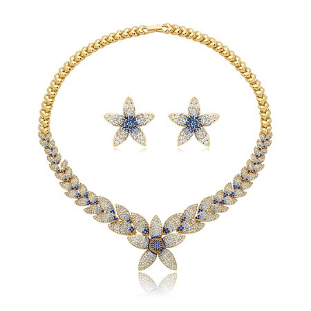 Conjunto de brinco e colar cravejado de zirconia safira banho em ouro 18k