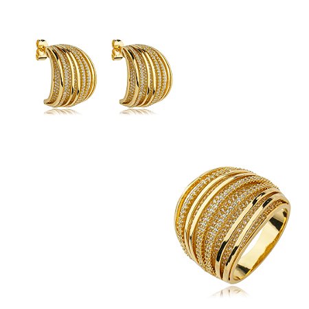 Conjunto de brinco e anel cravejado de zirconia cristal banho em ouro 18k