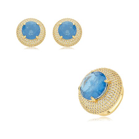 Conjunto de brinco e anel cravejado de zirconia e pedra fusion banho em ouro 18k