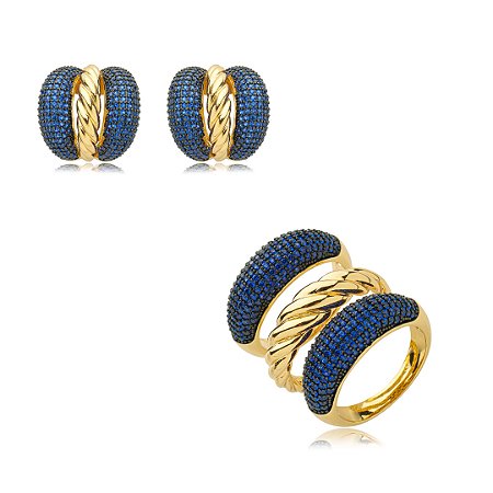 Conjunto de brinco e anel cravejado de zirconia safira banho em ouro 18k