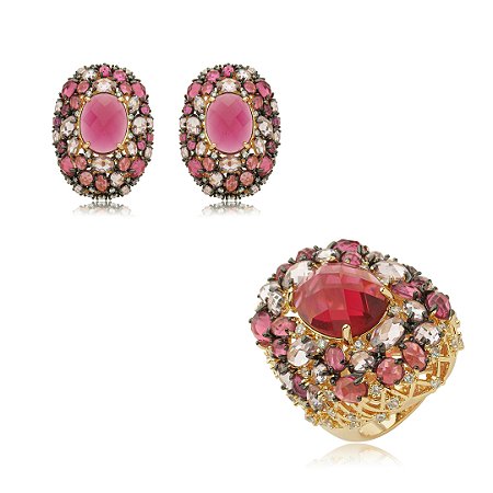 Conjunto de brinco e anel cravejado de zirconia pink banho em ouro 18k