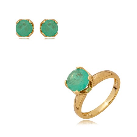 Conjunto de brinco e anel cravejado de zirconia e pedra fusion banho em ouro 18k
