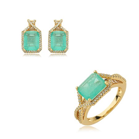 Conjunto de brinco e anel cravejado de zirconia e pedra fusion banho em ouro 18k
