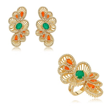 Conjunto de brinco e anel cravejado de zirconia e pedra fusion banho em ouro 18k