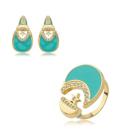 Conjunto de brinco e anel esmaltado cravejado de zirconia cristal banho em ouro 18k