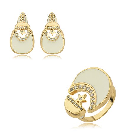 Conjunto de brinco e anel esmaltado cravejado de zirconia cristal banho em ouro 18k