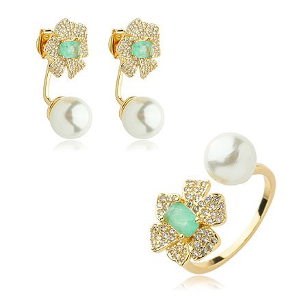 Conjunto de brinco de perola com pedra fusion banho em ouro 18k