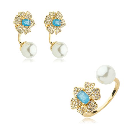 Conjunto de brinco de perola com pedra fusion banho em ouro 18k