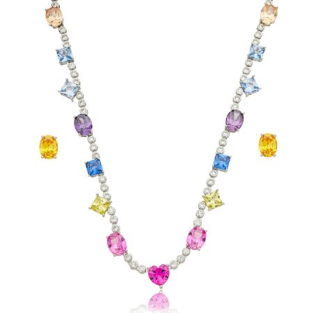 Conjunto de brinco e colar cravejado de zirconia rainbow banho em rodio branco