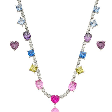 Conjunto de brinco e colar cravejado de zirconia rainbow banho em rodio branco