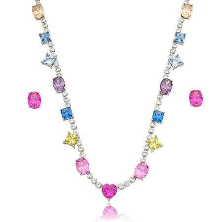 Conjunto de brinco e colar cravejado de zirconia rainbow banho em rodio branco