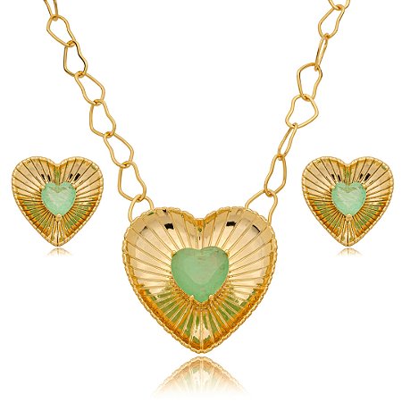 Conjunto de brinco e colar cravejado de pedra fusion turmalina banho em ouro 18k